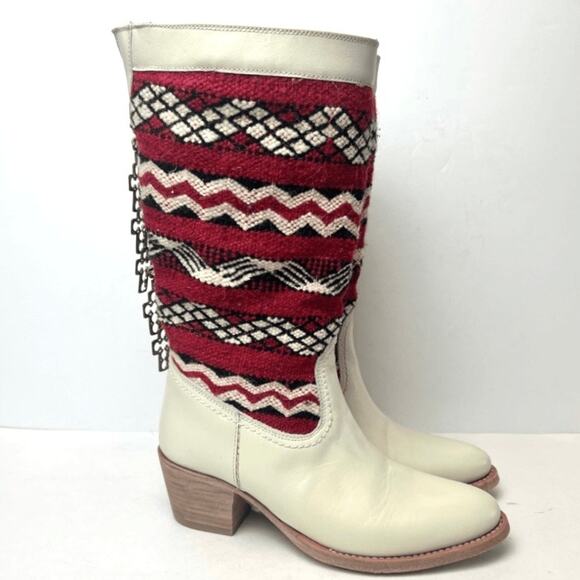 Cobra Society Handmade Alcazar Leather Wool Western Cowboy Boots Cream Red Sz 36 - Picture 1 of 12